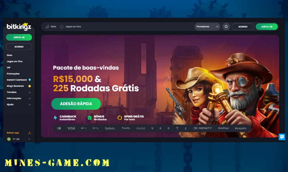 Página inicial do site Bitkingz destacando o pacote de boas-vindas com bônus e rodadas grátis para jogos de cassino online