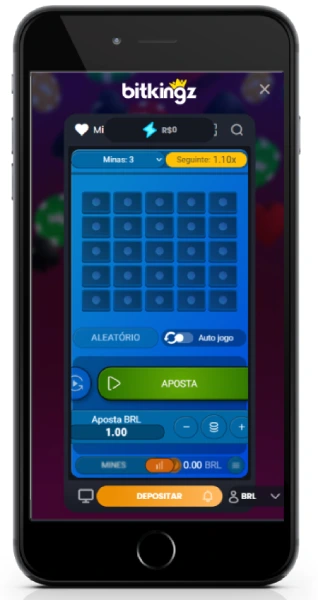 Versão mobile do jogo Mines na plataforma Bitkingz com interface intuitiva e sistema de apostas