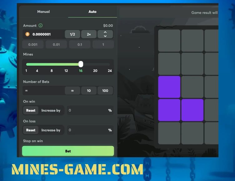 Tela de jogo Mines BC Originals mostrando a configuração automática de apostas, com opções para ajuste do número de minas, quantidade de apostas