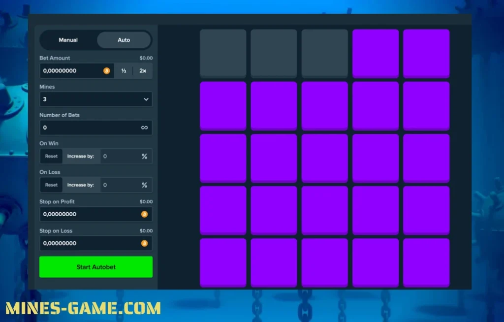 Configuração de autobet no jogo Mines Stake Originals