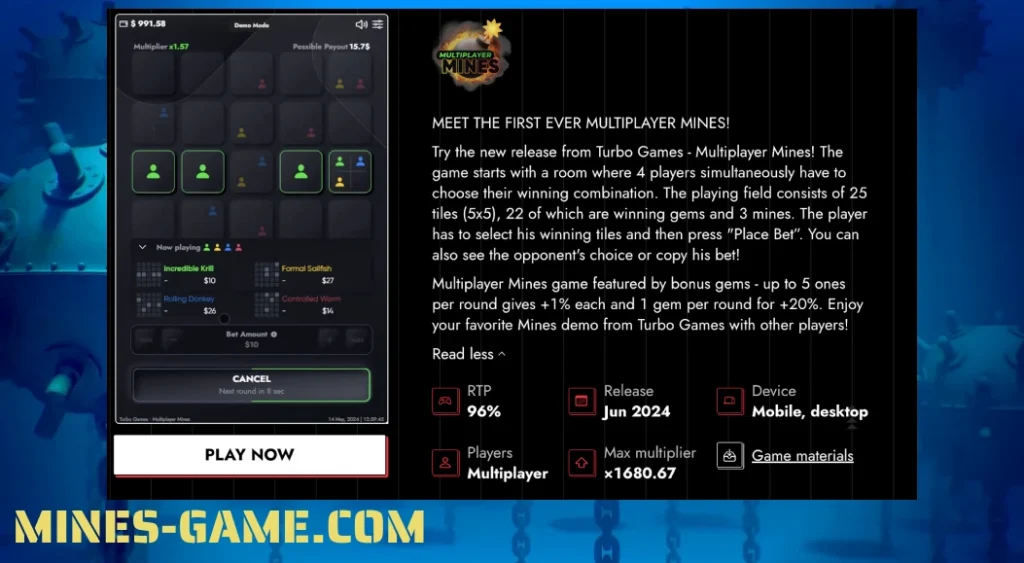 Primeira versão multiplayer do jogo Mines da Turbo Games, com detalhes sobre regras, RTP e dispositivos suportados