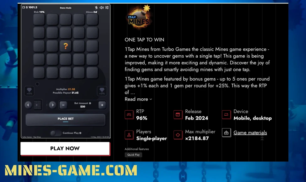 Versão 1Tap Mines da Turbo Games, com experiência de jogador único e mecânica de jogo com um único toque para abrir células