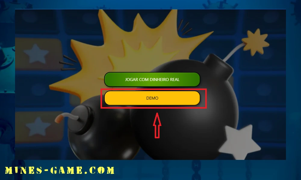 Opção de jogar em modo demo no jogo Mines para praticar antes de apostar dinheiro real