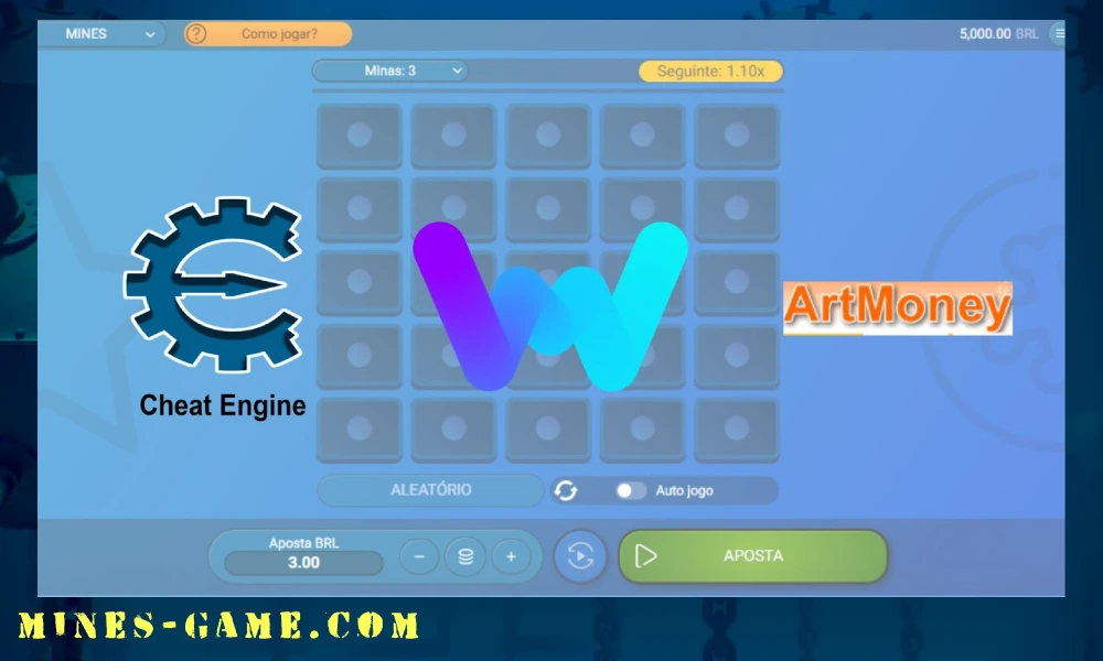 Ícones de softwares de hack para PC, incluindo Cheat Engine, ArtMoney e outro, usados no jogo Mines"