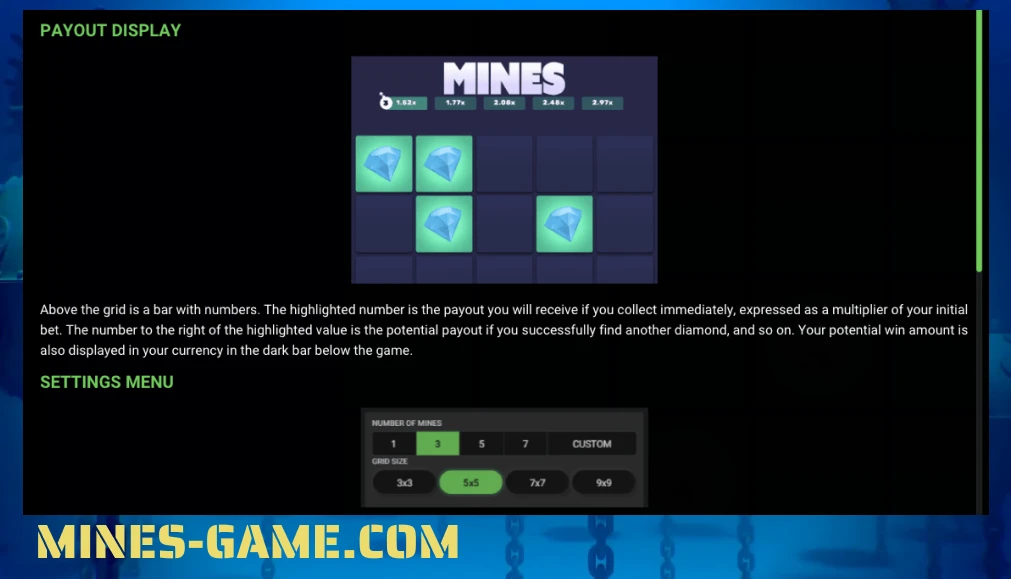 Display de pagamento e menu de configurações do jogo Mines da HacksawGaming
