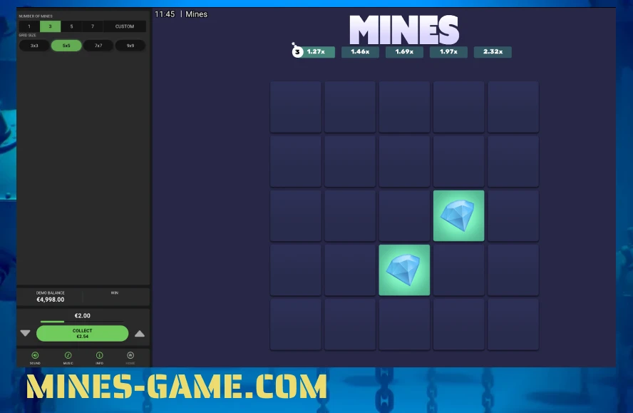 Interface do jogo Mines da HacksawGaming em modo de jogo com duas células de diamante descobertas
